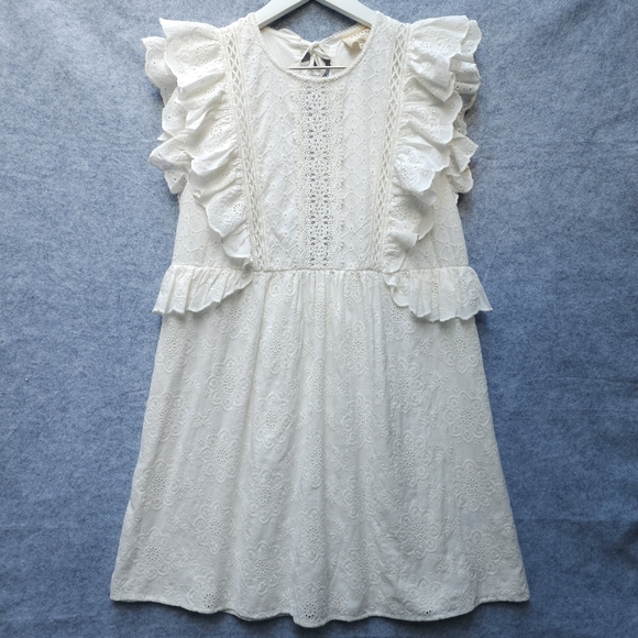 Sezane Chacha Embroidered Eyelet Lace Ruffle Mini Dress In Ecru - Picture 4 of 13
